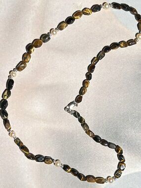 Natural Faceted Tiger-Eye Gemstones and Cultured Pearls Necklace.